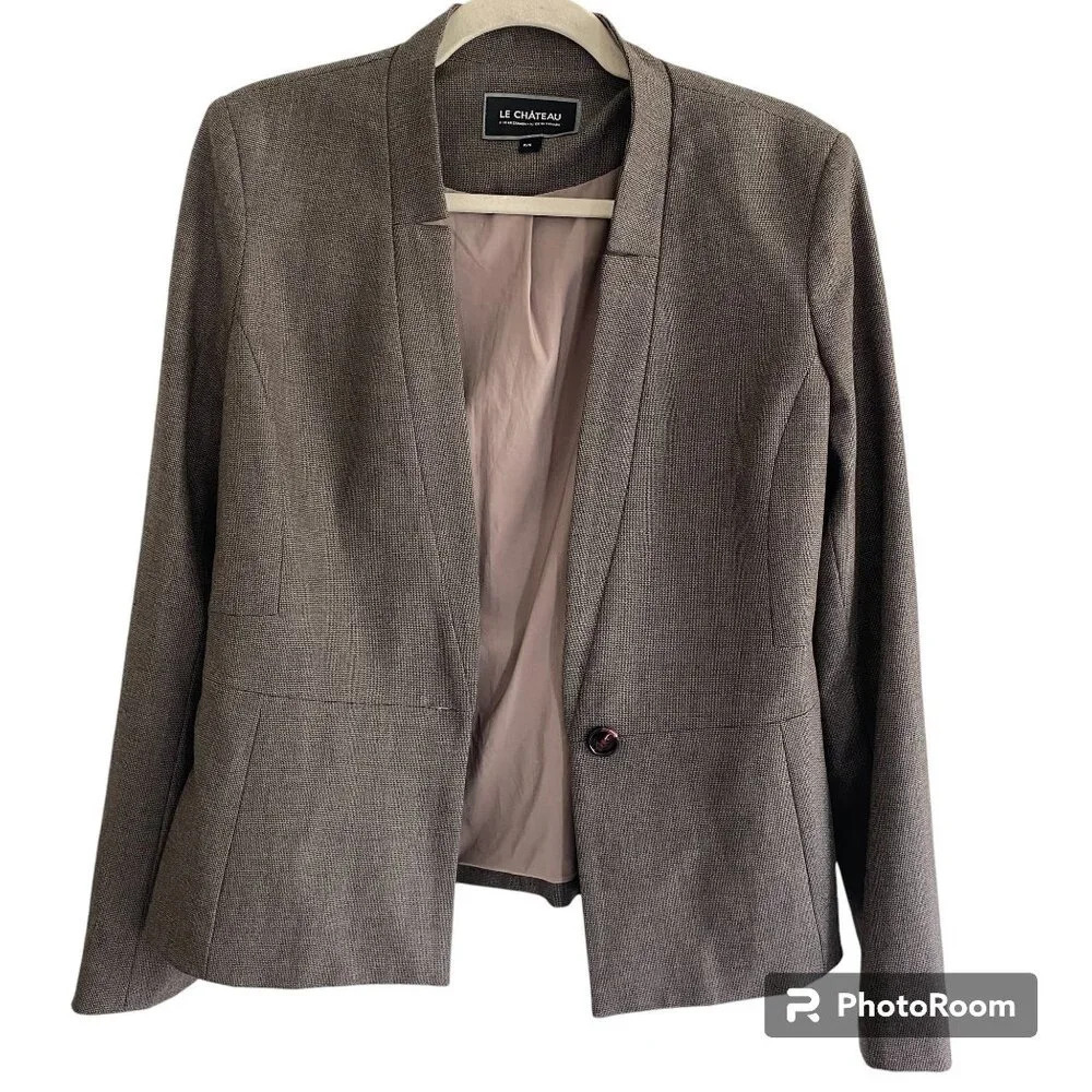LE Chateau Gray Houndstooth Lined Formal Single Breasted Blazer Size S